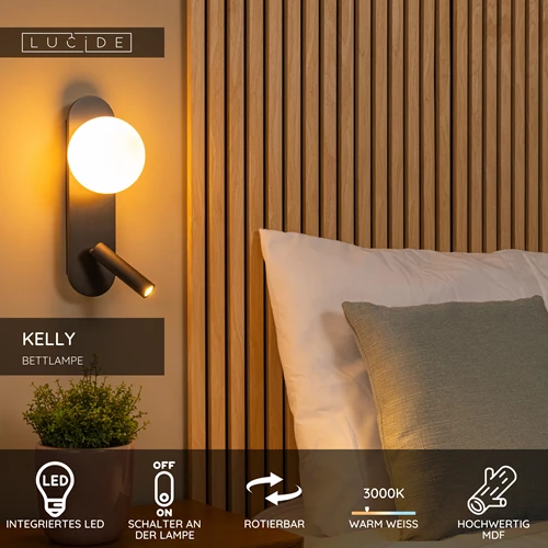 Lucide KELLY - Bettlampe / Wandleuchte - LED - 1x3,5W 3000K - Schwarz - USP
